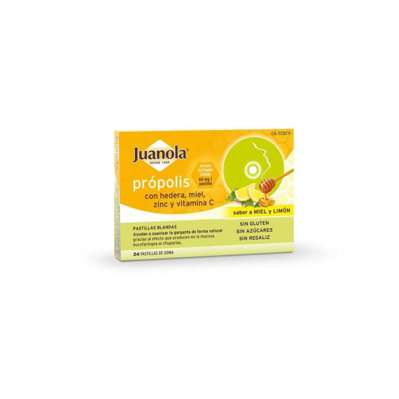 JUANOLA PROPOLIS MIEL HIEDRA ZINC Y VITAMINA C 24 PASTILLAS DE GOMA SABOR MIEL Y LIMON