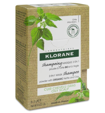 KLORANE CHAMPU MASCARILLA 2 EN 1 POLVO A LA ORTIGA Y A LA ARCILLA 8 SOBRES 3 G