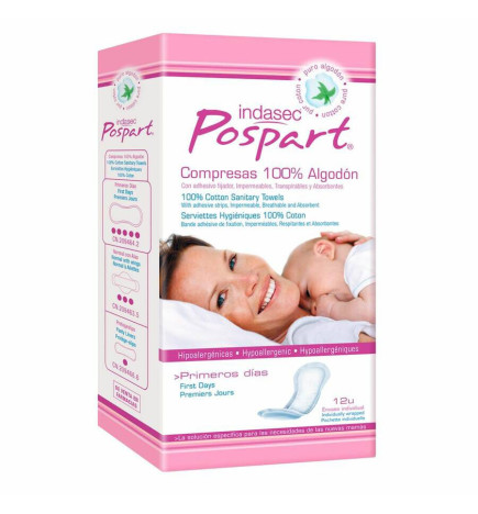 COMPRESAS POSTPARTO INDASEC PRIMEROS DIAS ALGODON 12 UNIDADES