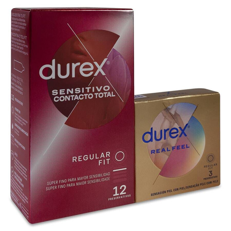 DUREX SENSITIVO CONTACTO TOTAL+ DUREX REAL FEEL PRESERVATIVOS 12 UNIDADES + 3 UNIDADES PROMOCION