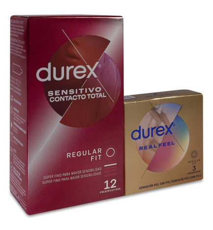DUREX SENSITIVO CONTACTO TOTAL+ DUREX REAL FEEL PRESERVATIVOS 12 UNIDADES + 3 UNIDADES PROMOCION